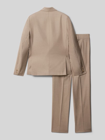 Produktfoto, Slim Fit Anzug mit Viskose-Anteil od Standar, beżowy materiał, krój slim fit, materiał miks z wiskozą, długość pleców w rozmiarze 140: 56 cm, szerokość ramion: 33 cm, szerokość w rozmiarze 140: 33 cm, wełnista faktura, spodnie z kantem, zapięcie na guzik i zamek, długość nogawki wewnętrznej: 67 cm