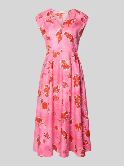 Produktfoto, Midikleid im Allover-Look mit V-Ausschnitt von Milano Italy in Pink und Rot, Reine Baumwolle, A-Linie, leichte Stoffstruktur