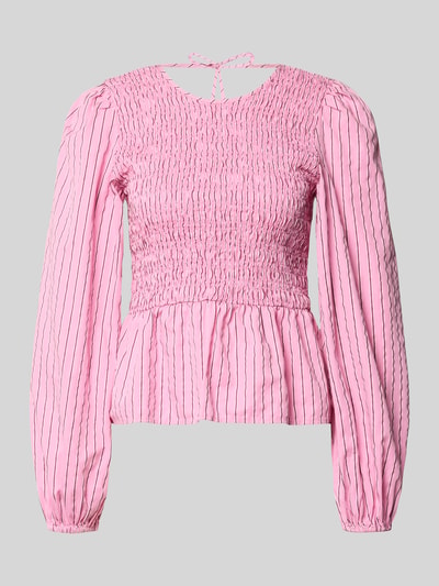 Produktfoto, Slim Fit Bluse aus Baumwoll-Mix von Marc O'Polo Denim in Rosa mit Allover-Muster, Crinkle-Design, Rundhals und Bindeschleife.