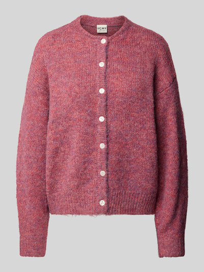 Produktfoto, Relaxed Fit Strickjacke mit Woll-Anteil Modell 'Belablue' von ICHI, elastischer Material-Mix, rötliche Melierung, gerippte Bündchen, Rundhalsausschnitt, durchgehende Knopfleiste, Langarm, strukturierte Oberfläche