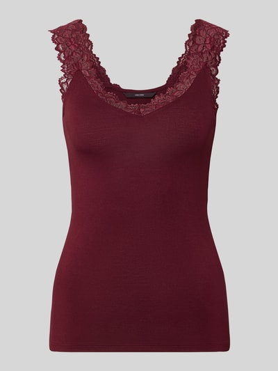 Produktfoto, bordeauxrotes Slim Fit Tanktop aus Viskose-Mix Modell 'ROSA' von VERO MODA, Spitzenbesatz am Ausschnitt und Ärmel, Damen Tanktop