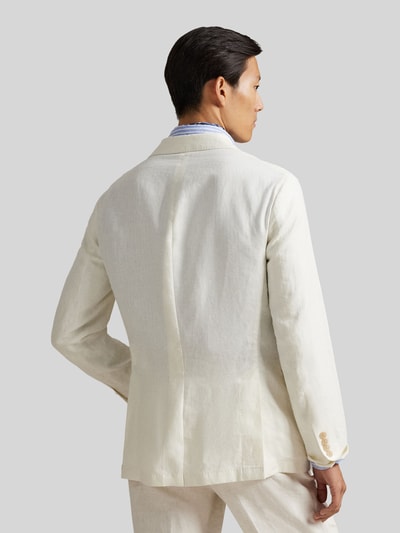 Męski model nosi Regular Fit Anzugsakko aus reinem Leinen von Polo Ralph Lauren, efekt: jednolity kolor, kołnierz z połami, krój regular fit, wyhaftowane logo, długi rękaw, nachodzące na siebie guziki, wykończenie: stałe rozcięcia boczne, kieszenie z patką, brustasza, kieszeń wewnętrzna, wykończenie materiału: cieniowana przędza, materiał: len; widok całej sylwetki z tyłu