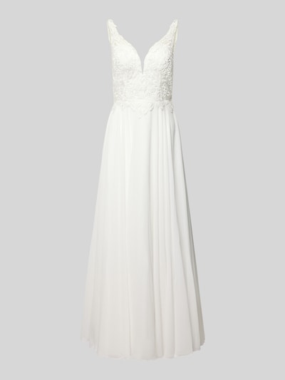 Produktfoto, Abendkleid mit Spitze und tiefem V-Ausschnitt von Mascara, weißes Chiffon Maxikleid in A-Linie, strukturierte Spitze, V-Ausschnitt vorne und hinten, Haken- und Reißverschluss auf Rückseite, Kontext: Damen Abendkleid, Rückenlänge 155 cm, Brustweite 39 cm.