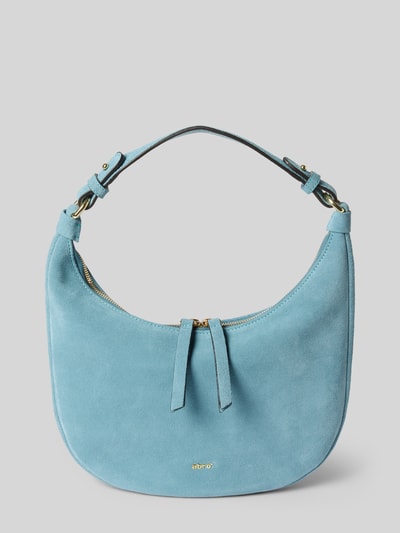 Produktfoto, Shoulder Bag aus echtem Leder Modell 'Nana' von Abro in Hellblau mit Logo-Detail, Hauptfach mit Reißverschluss, Maße 30 cm Breite, 27 cm Länge, 5 cm Tiefe, Länge Schulterriemen 30 cm, weiche Velours-Oberfläche und schlichte Rundform.