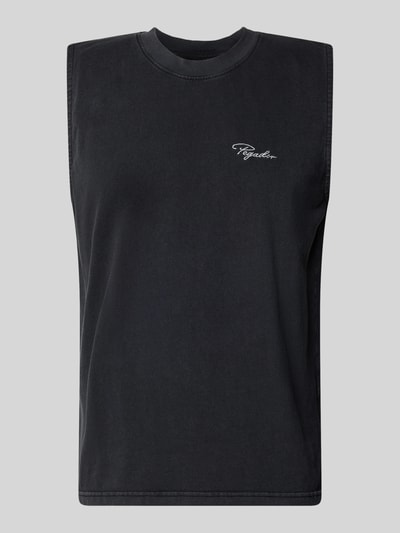 Produktfoto, schwarzes Tanktop mit Label-Stitching und Rundhalsausschnitt von Pegador, Reine Baumwolle, Relaxed-Fit, Rückenlänge 66 cm bei Größe M.