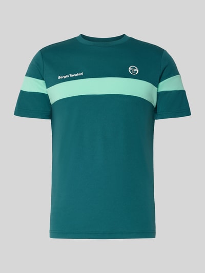 Produktfoto, Regular Fit T-Shirt mit Logo-Print Modell 'Leone' von SERGIO TACCHINI, Herren T-Shirt, Rundhalsausschnitt, Rückenlänge bei Größe M 71 cm, grün mit mintfarbenem Streifen, glatte Baumwollstruktur