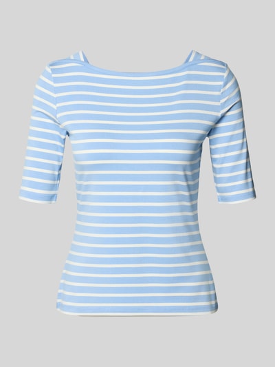 Produktfoto, Slim Fit T-shirt aus Viskosemix von Comma, blauw-wit gestreept, envelope-hals, halflange mouwen, ruglengte maat 36: 51 cm.