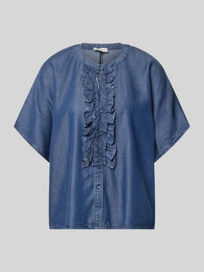 Produktfoto, Relaxed Fit Bluse in Denim-Optik mit Rüschen von Milano Italy aus Lyocell, Kurzarm, vorne Rüschen und Knopfleiste, blau