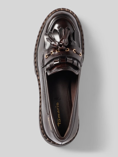 Productfoto, donkerbruine loafers met labelprint van Tamaris, glanzend leer, structuurzool, product Loafer mit Label-Print van Tamaris