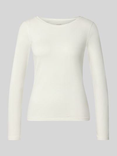 Productfoto, Slim Fit Langarmshirt aus Baumwoll-Mix van Marc Cain voor dames, elastische katoenmix, U-boot halslijn, logo borduursel, lange mouw, ruglengte maat 36: 58 cm, effen wit, zachte textuur