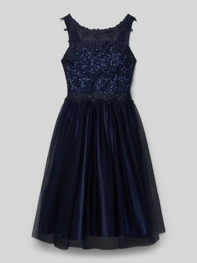 Produktfoto, Regular Fit Kleid mit floralem Spitzenbesatz van DANAMADE, donkerblauw, mouwloos, mesh, pailletten, katoenmengsel, gevoerde rok, maat 140, lengte 73 cm.