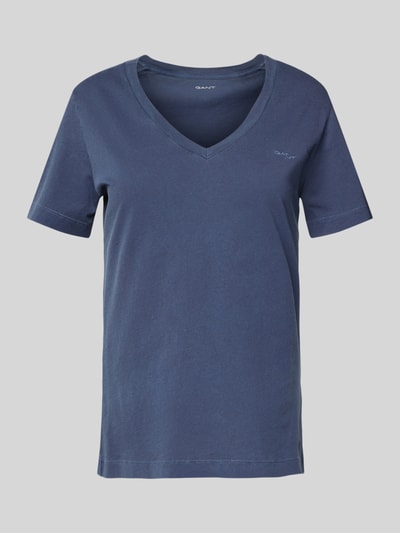 Gant T-shirt met geribde V-hals Marineblauw - 2