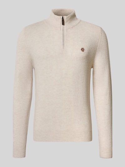 Produktfoto, Regular Fit Strickpullover aus reiner Wolle von MCNEAL in Beige mit Logo-Stickerei, Troyer-Kragen, gerippte Bündchen