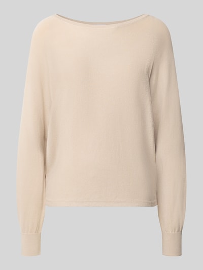 Produktfoto, Strickpullover aus Viskose-Mix von COMMA in Beige, lockere Passform, gerippter Rundhalsausschnitt und Ärmelabschlüsse, sanfte Textur, Rückenlänge 56 cm, Ärmellänge 58 cm
