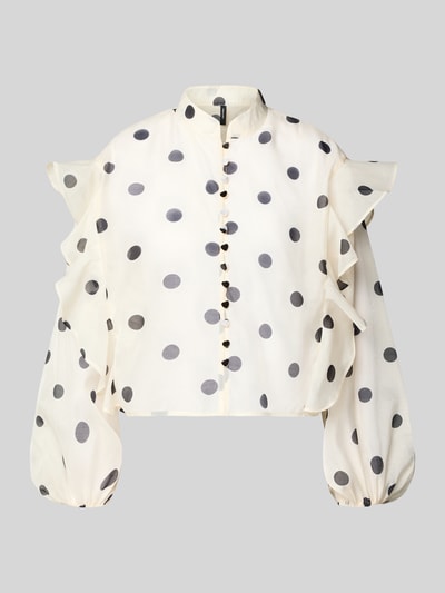 Productfoto, Boxy Fit Chiffon-blouse met polka-dots-patroon model 'DOROTHY' van Vero Moda, semitransparant, ballonmouwen, mock neck, volantdetails, stoffen band, knoopsluiting, wit met zwarte stippen, lichte en luchtige textuur