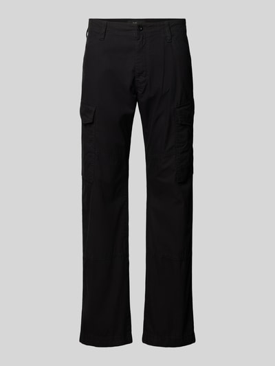 Produktfoto, schwarze Straight Fit Cargohose mit Gesäßtaschen von G-Star Raw, reine Baumwolle, sichtbare Eingriff- und Gesäßtaschen.