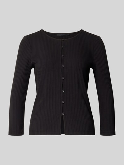 Produktfoto, schwarze Strickjacke aus Baumwoll-Elasthan-Mix Modell 'Kariane' von someday., schmale Passform, Knopfleiste, 3/4-Arm, feine Rippenstruktur