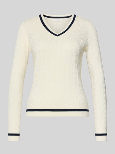 Productfoto, Slim Fit Longsleeve in Strick-Optik van Christian Berg Woman, katoenmix, v-hals, elastische boorden, wit met donkere accenten