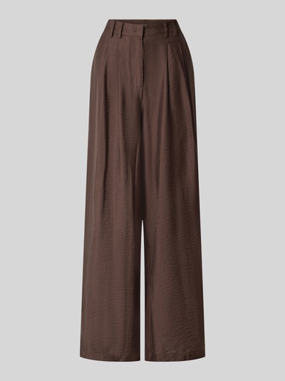 Produktfoto, Wide Fit Hose aus Viskose-Mix Modell 'Finja' von GUIDO MARIA KRETSCHMER WOMAN in Braun mit Bundfalten, glatte Textur, frontal.