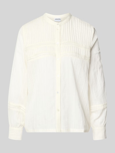 Produktfoto, Bluse mit Mao-Kragen und Pointelle-Muster von Jake*s Casual aus reiner Baumwolle im Loose-Fit, Knopfleiste, Sportmanschetten, cremefarben, feine Struktur, transparente Details