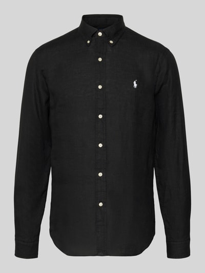 Produktfoto, zwart unilook 'Slim Fit Freizeithemd aus reinem Leinen' van Polo Ralph Lauren in slanke fit, linnen, witte knopen, logo detail