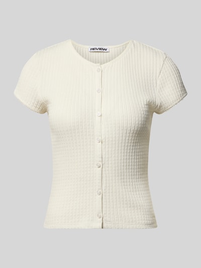 Produktfoto, Slim Fit T-Shirt mit durchgängiger Knopfleiste Modell 'AJOUR' von REVIEW in Creme, reine Baumwolle, strukturierte Oberfläche, kurzärmelig, Rundhalsausschnitt