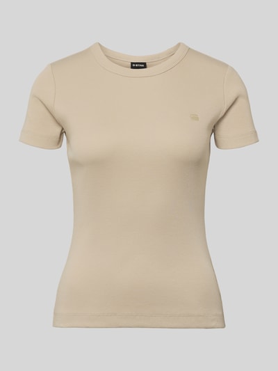 Produktfoto, Slim Fit T-Shirt mit Logo-Stitching von G-Star Raw aus elastischem Baumwoll-Mix in Beige, Rib-Optik, Rundhalsausschnitt.