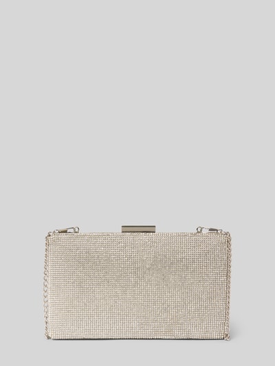 Produktfoto, edle Abendtasche mit Allover-Ziersteinbesatz von Jake*s Cocktail in Silber, rechteckige Form, feine Kettenstruktur, neutraler Hintergrund