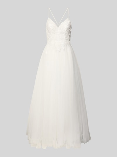 Produktfoto, Brautkleid mit floralen Stickereien von Mascara w kolorze białym, materiał robustny, spódnica rozszerzana, przezroczysta góra, sercowy dekolt, spaghettiträger, podszewka nieprzezroczysta, długość tyłu 122 cm, szerokość biustu 36 cm, w zestawie stola.