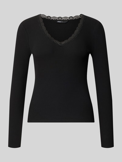 Produktfoto, schwarzes Slim Fit Langarmshirt aus Baumwoll-Mix Modell 'SARA SHARAI' von ONLY, Damen Langarmshirt, feine Rippenstruktur