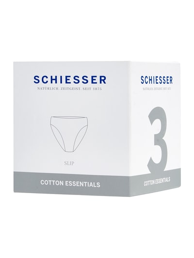 Produktfoto, Slip im 3er-Pack von Schiesser, Verpackung in Weiß und Grau, elastischer Baumwoll-Mix, eng anliegende Passform, elastischer Bund