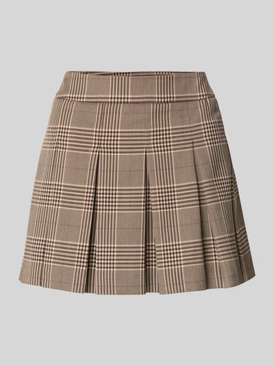 Produktfoto, Minirock mit Viskose-Anteil Modell 'Wera' von NOISY MAY®, kariertes Muster in Beige und Braun, ausgestellte Passform, gelegte Falten, Nahtreißverschluss, elastischer Material-Mix, Bundweite 39 cm, Länge 37 cm