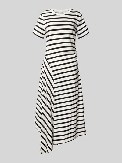 Produktfoto, Tailliertes Jersey-Kleid aus Baumwoll-Mix von s.Oliver RED LABEL mit schwarz-weißem Allover-Streifenmuster, asymmetrischem Saum und Midi-Länge, Material wirkt weich und leicht strukturiert