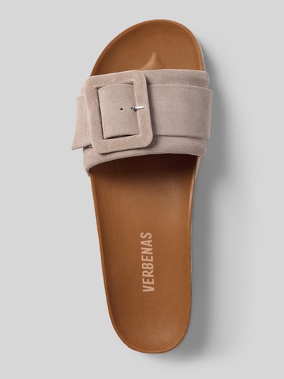 Produktfoto, Slippers aus echtem Leder Modell 'Reiko' von Verbenas in Beige mit Zierschnalle, abgerundete Passform, profilierte Sohle, Absatzhöhe 3 cm bei Größe 40