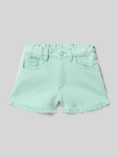 Productfoto, Jeansshorts im 5-pocketmodel met gerafelde zoom van Mayoral voor kinderen, katoenmix met stretch, straight fit, knoop- en ritssluiting, bandwijdte maat 98: 25 cm, binnenbeenlengte maat 98: 4 cm, mintgroen