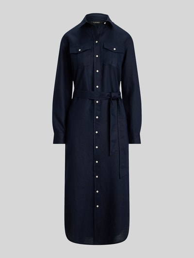 Produktfoto, Schmales Midi Hemdblusenkleid aus reinem Leinen von Lauren Ralph Lauren in Dunkelblau, Optik: Unifarben, Passform: Schmal, Midi-Länge, V-Ausschnitt, Label-Prägung, Gürtelschlaufen, abnehmbarer Gürtel, Knopfleiste, Ärmelform: Langarm, Manschette, gerader Saum, aufgesetzte Seitentasche, Materialverarbeitung: Flammgarn, Material: Leinen