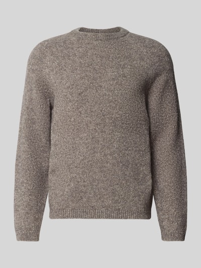 Produktfoto, Regular Fit Pullover mit Woll-Anteil von Closed in meliertem Braun, Strick-Optik, Baumwoll- und Woll-Mix, Rundhalsausschnitt, elastische Abschlüsse, Rückenlänge 70 cm bei Größe M