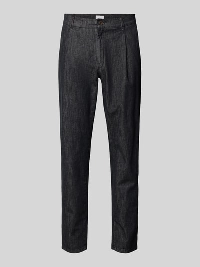 Produktfoto, dunkle Hose in Denim-Optik Modell 'Tino' von BRAX aus Baumwoll-Elasthan-Mix, Regular-Fit, Eingrifftaschen, strukturierte Textur, Bundweite 43 cm, Innenbeinlänge 77 cm.