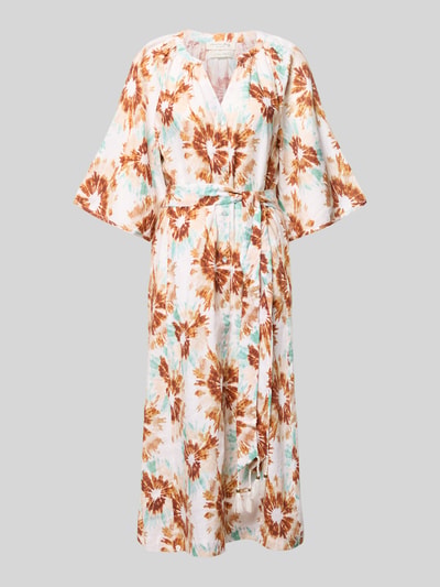 Produktfoto, Leinenkleid im Allover-Look mit Bindegürtel von Christian Berg Woman, Midikleid aus reinem Leinen, florales Muster in Braun, Weiß und Türkis, A-Linienform, Texturtyp glatt, seitlicher Bindegürtel, moderne Optik