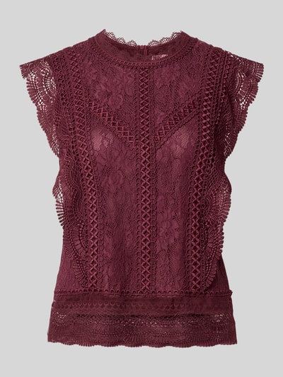 Produktfoto, Slim Fit Bluse aus Viskose-Mix mit Allover-Spitzenbesatz von V by Vera Mont, ärmellos, Stehkragen, bordeauxrot, feine Spitzenstruktur