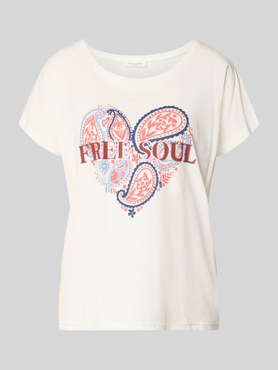 Produktfoto, Regular Fit T-Shirt aus Viskose-Baumwoll-Mix mit Kappärmeln von Christian Berg Woman, weiß mit Herz-Print, Jersey Optik, Rundhalsausschnitt, Rückenlänge bei Größe L 57 cm.