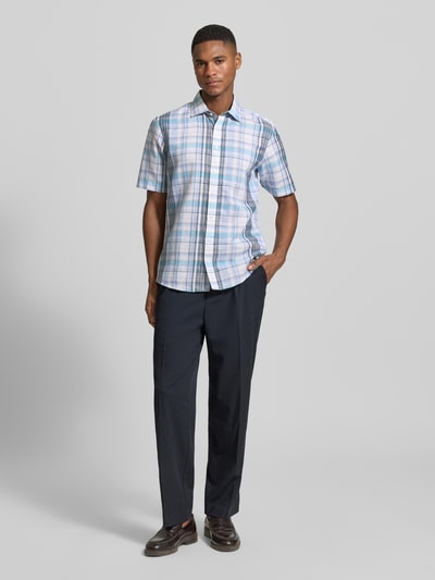 Jake*s Slim Fit Business-Hemd aus Leinen-Mix mit Kentkragen Jeansblau 1