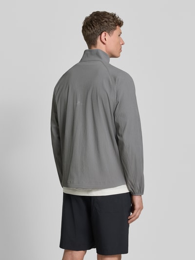 Männermodel trägt Regular Fit Sweatshirt mit Strukturmuster von EA7 Emporio Armani in Grau, Stehkragen, elastischer Material-Mix, Ganzkörperansicht Rückansicht.