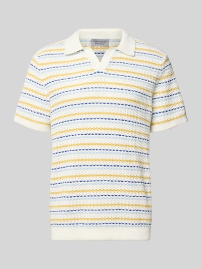 Produktfoto, Regular Fit Strick-Poloshirt mit V-Ausschnitt Modell 'MIDSKOV' von Casual Friday aus reiner Baumwolle im Allover-Look mit Streifen, Struktur in Weiß, Gelb und Blau.