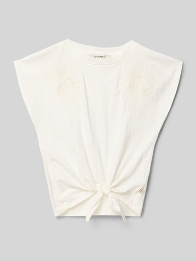 Produktfoto, Regular Fit T-Shirt mit Motiv-Stitching von Garcia, Kinder T-Shirt aus reine Baumwolle, Zierknoten vorn, Rückenlänge 43 cm bei Größe 140, cremeweiß, glatte Textur