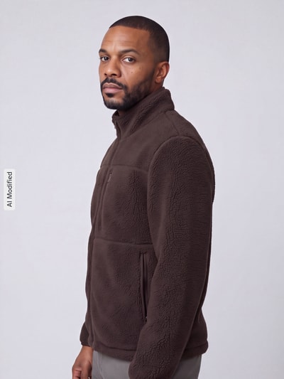 Männermodel trägt Teddyjacke mit Brustreißverschlusstasche von S.OLIVER CASUAL in Braun, unifarben, Stehkragen, Nahaufnahme Oberkörper, KI-modifiziertes Bild.