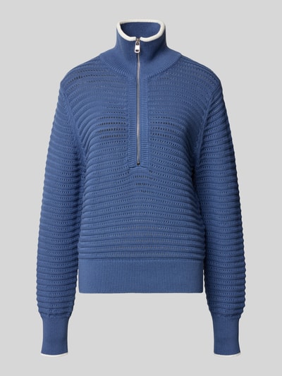 Produktfoto, Strickpullover mit Reißverschluss Modell 'morwenna' von VARLEY aus reiner Baumwolle in Blau, Regular Fit, Stehkragen, feine Struktur, Rückenlänge 61 cm, Ärmellänge 76 cm