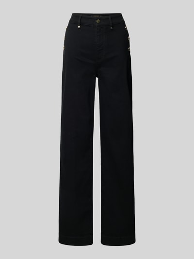 Produktfoto, Flared Jeans met achterzakken van Guess, zwarte katoenen-elastaanmix met steekzakken en knoopsluiting, neutrale achtergrond.