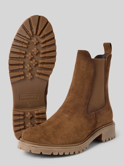 Produktfoto, Chelseas aus echtem Rindsleder von Tamaris in warmem Braunton mit grober Sohle, strukturierte Wildleder-Textur geeignet für Damen Chelseas von Tamaris
