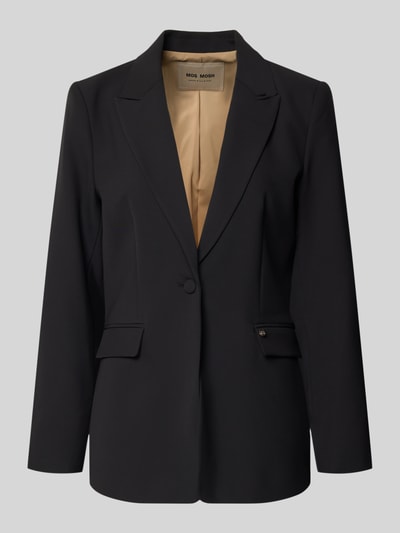 Produktfoto, Regular Fit Blazer mit Reverskragen Modell 'Leonora' von MOS MOSH, schwarzer Stoff, ein Knopf, glatte Textur, beige Innenfutter, Damen Blazer, Reverskragen, Rückenlänge 66 cm, Brustweite 40 cm, Ärmellänge 62 cm